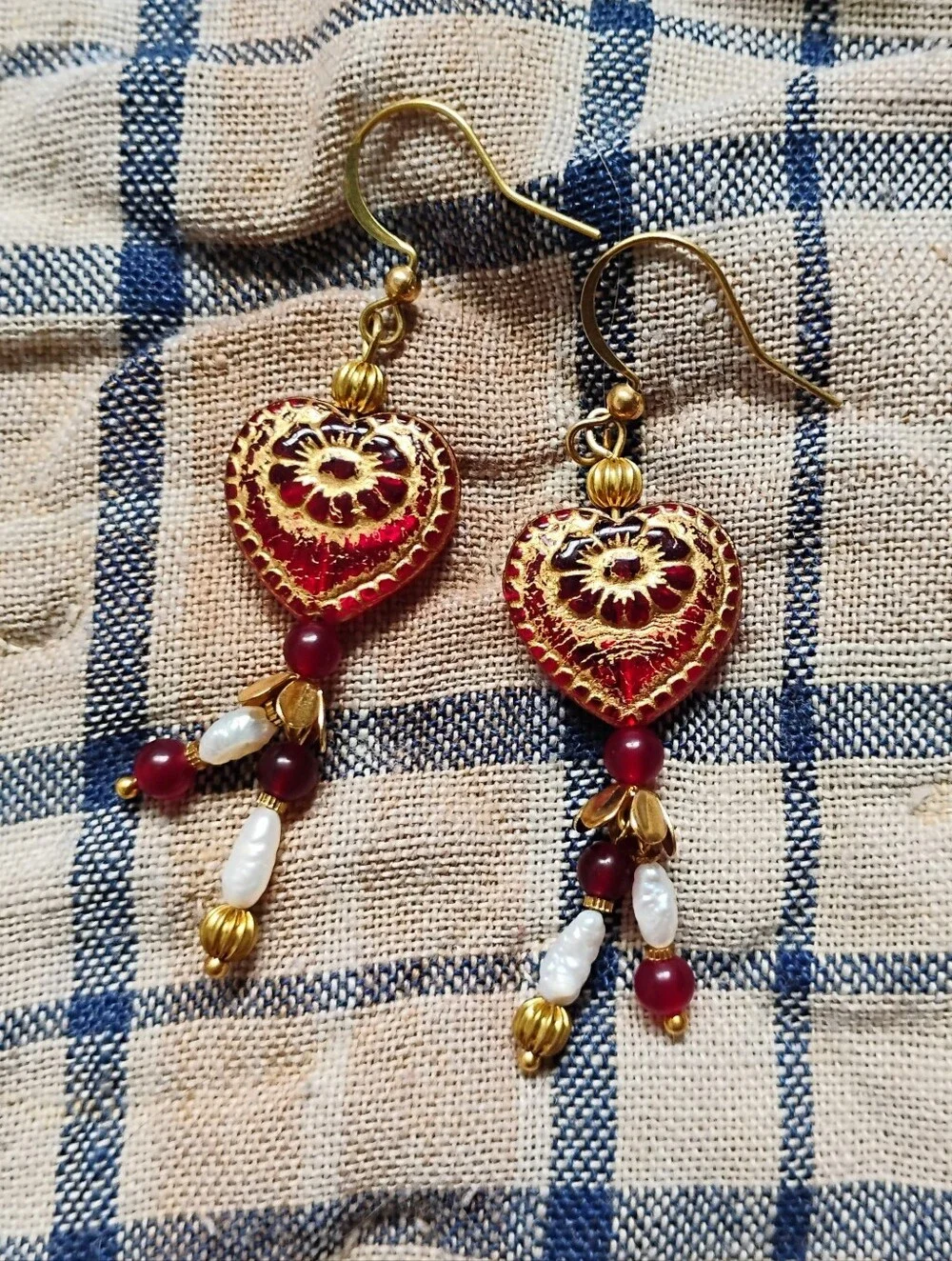Romantic Red Heart Earrings with Ruby and Pearls